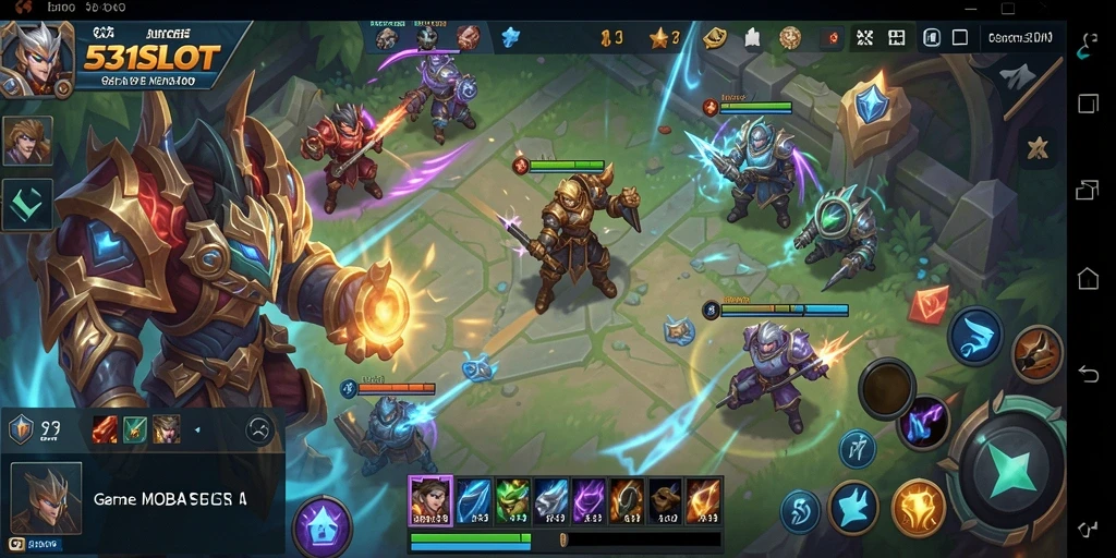 Screenshot utama 531SLOT menampilkan karakter-karakter beraksi dalam pertarungan MOBA.