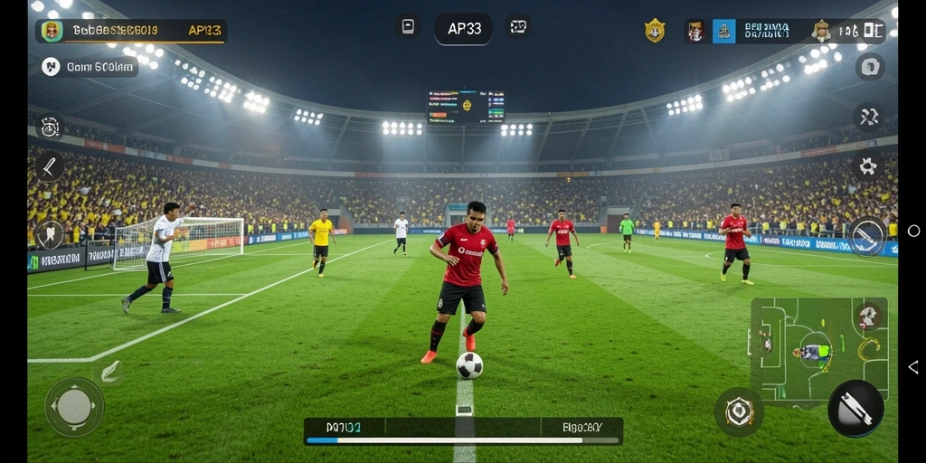 Screenshot menampilkan aksi seru dari pertandingan sepak bola di API33.