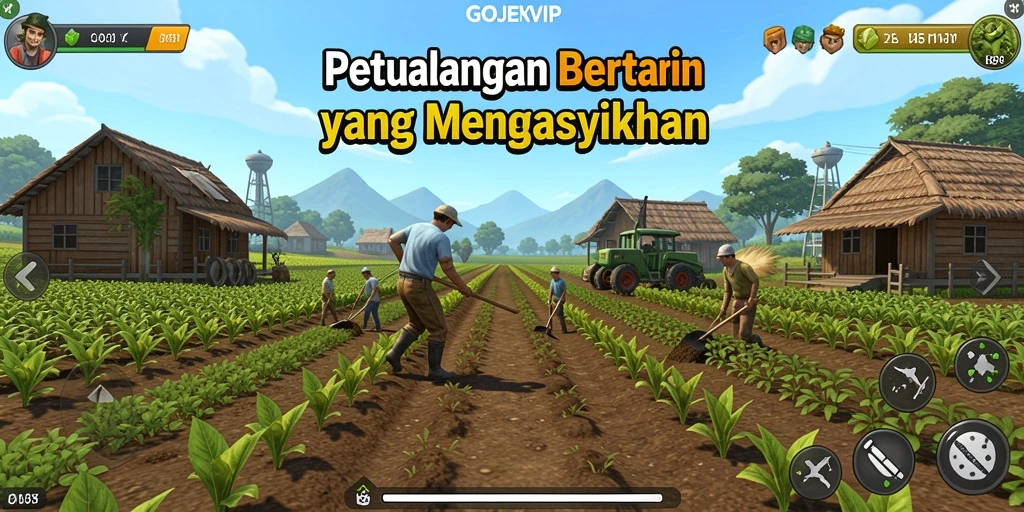 Tampilan gameplay GOJEKVIP yang menampilkan petualangan bertani.