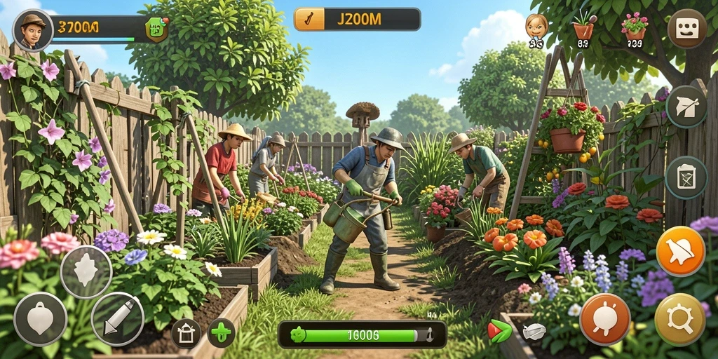 Tangkapan layar utama J200M menampilkan kebun yang subur dan aktivitas bercocok tanam.