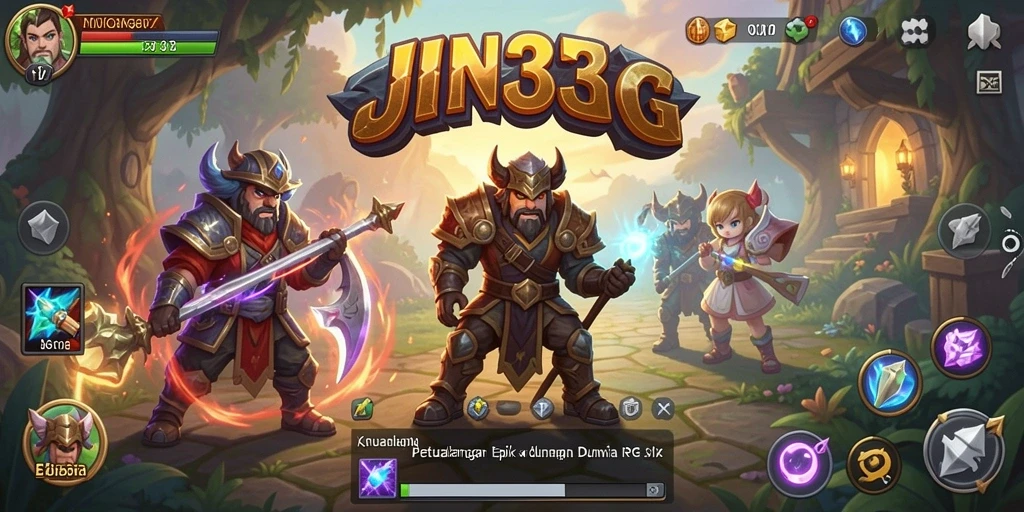 Screenshot gameplay JIN33 menunjukkan pertarungan seru di dunia fantasi.