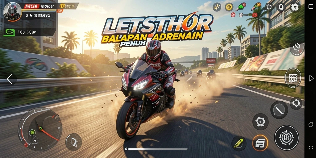 Screenshot gameplay LETSTHOR menunjukkan aksi balapan motor yang mendebarkan.