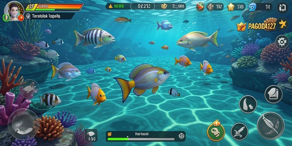Screenshot utama PAGODA127 menunjukkan gameplay menarik saat menembak ikan.